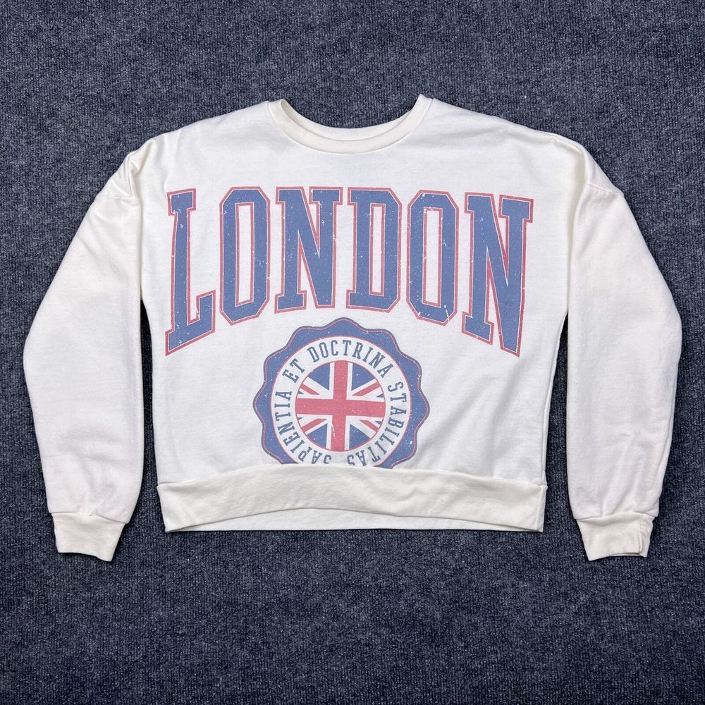 Freeze London Cropped Sweatshirt Womens Small S Big Spell Out Crest Top White